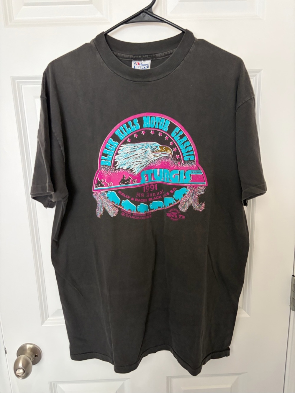 Vintage Sturgis Motorcycle Rally 1991 Graphic Eagle Buffalo Tee - Black XL